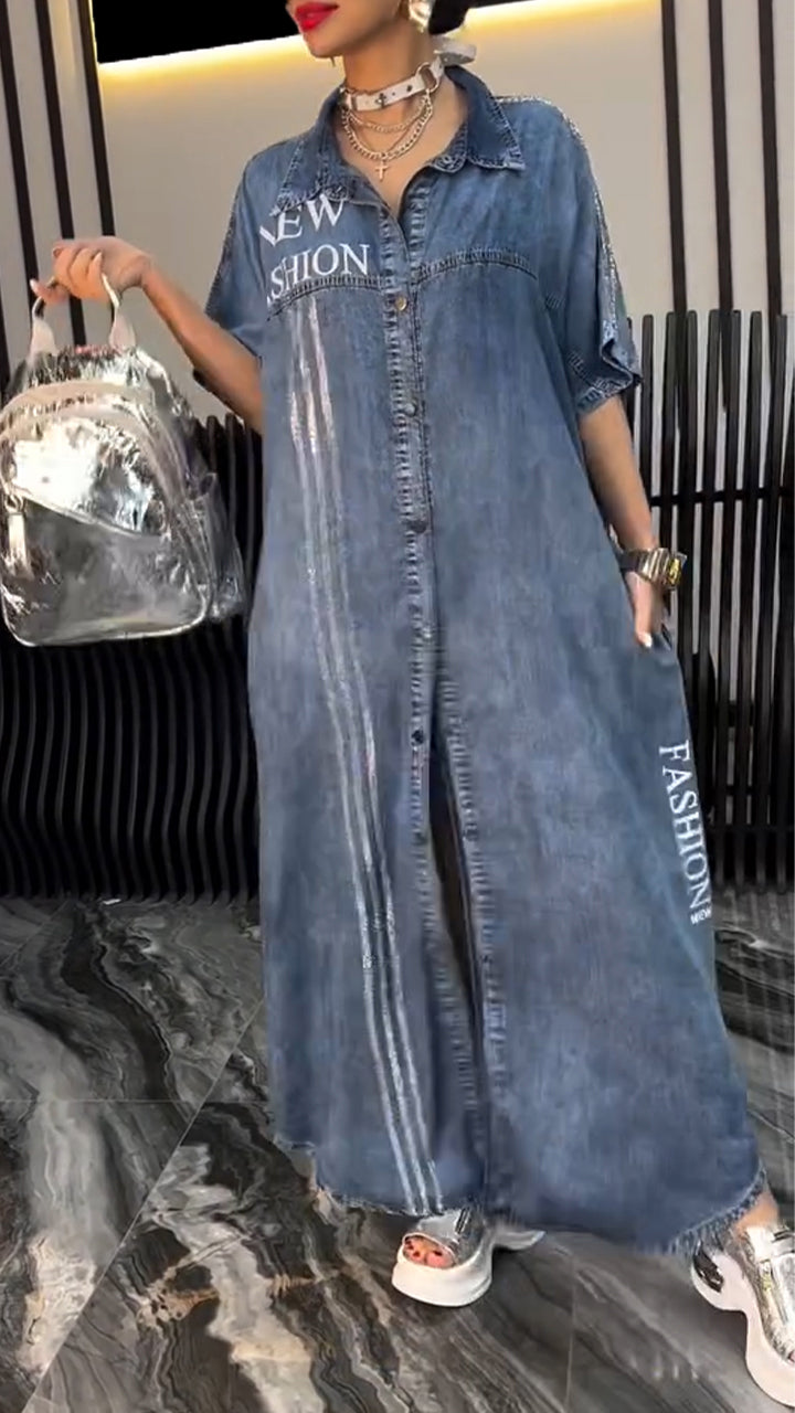Női ruha hajtókás Tencel Denim Kényelmes és divatos
