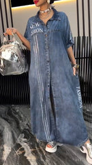 Női ruha hajtókás Tencel Denim Kényelmes és divatos