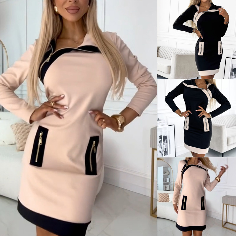 [S-3XL]✨💖Női színes rövid ruha hosszú ujjal és cipzárral