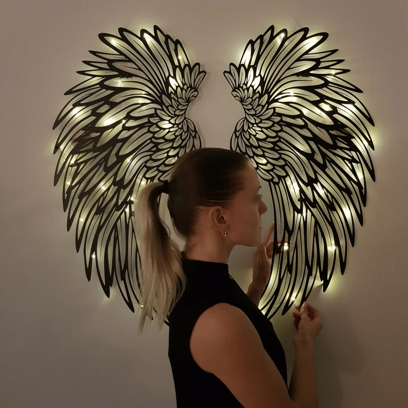 🔥 1 PÁR ANGYAL WINGS METAL WALL ART LED VILÁGÍTÁSSAL -🎁 AJÁNDÉK NEKI