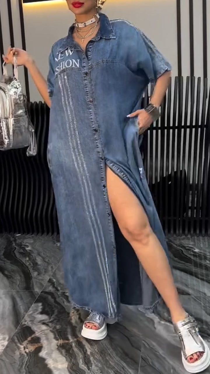 Női ruha hajtókás Tencel Denim Kényelmes és divatos
