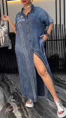 Női ruha hajtókás Tencel Denim Kényelmes és divatos