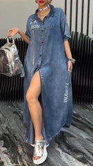 Női ruha hajtókás Tencel Denim Kényelmes és divatos