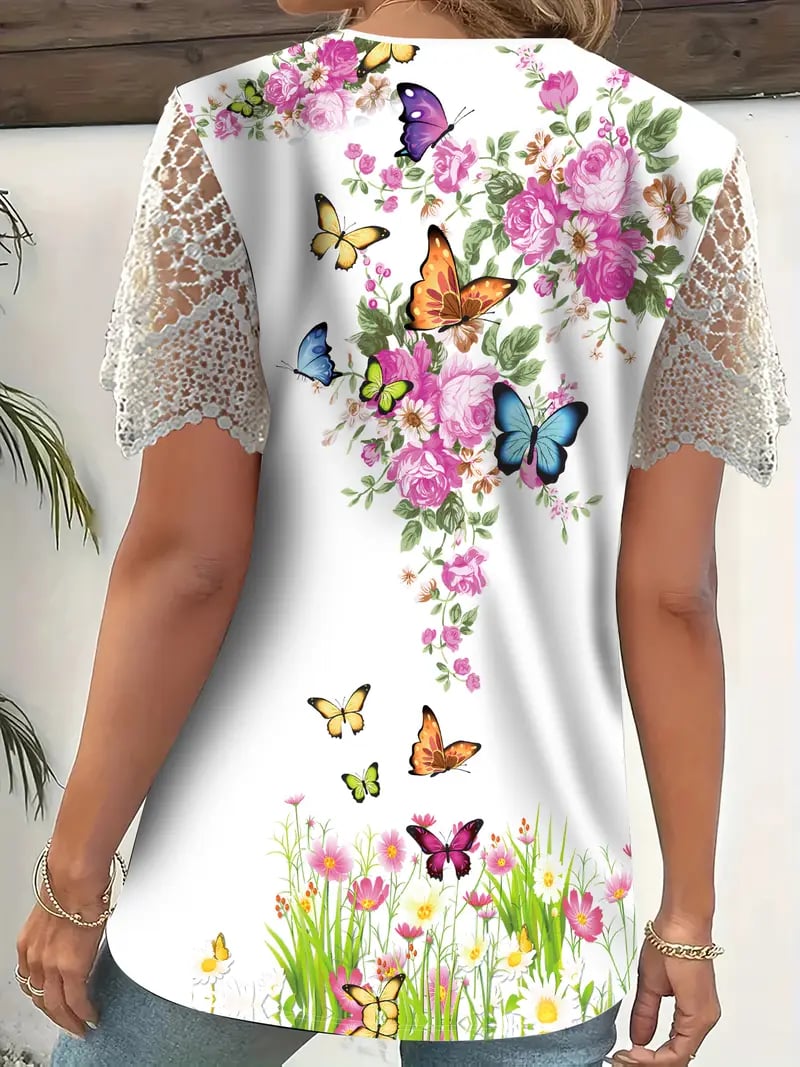 🌸Elegáns felső csipkeszegéllyel és virágos pillangómintával🦋