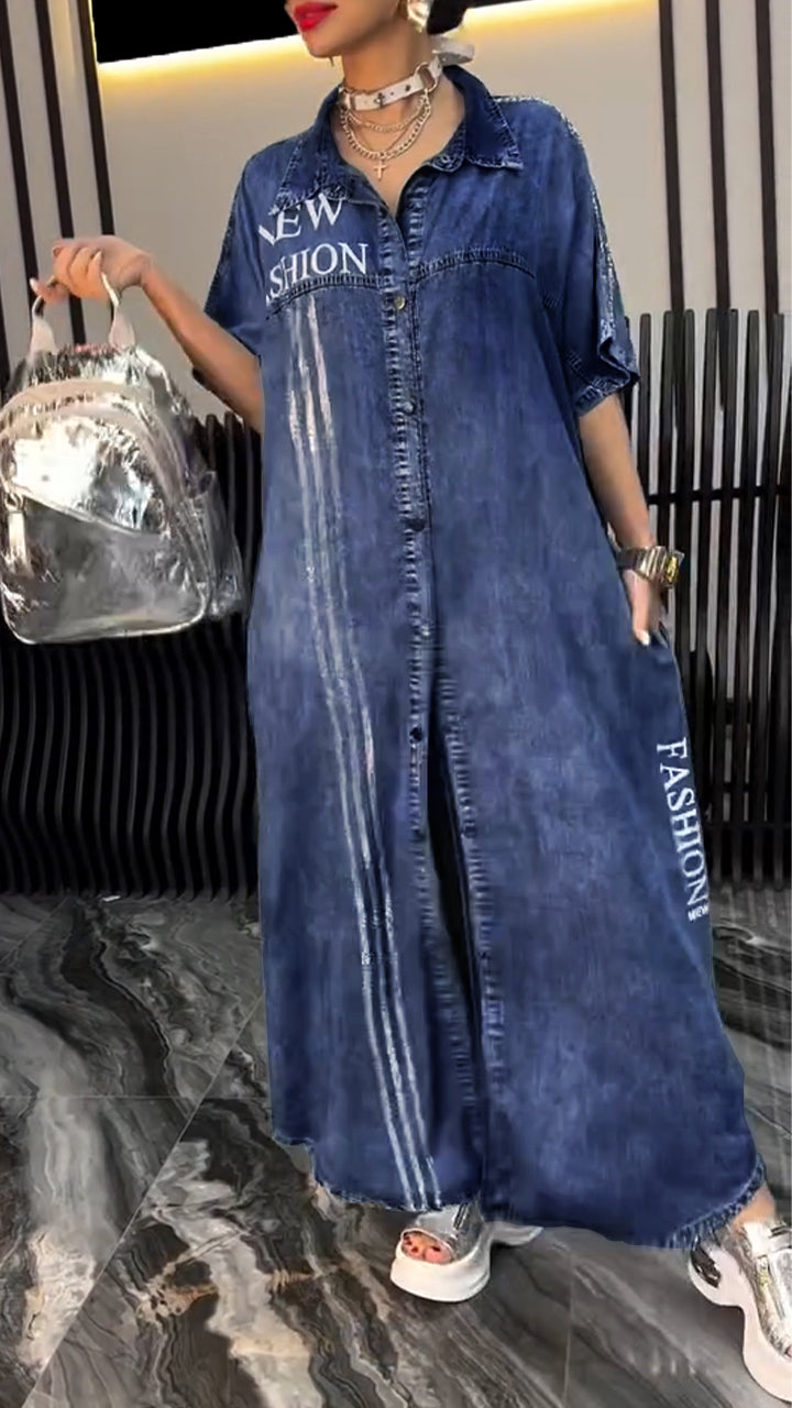 Női ruha hajtókás Tencel Denim Kényelmes és divatos